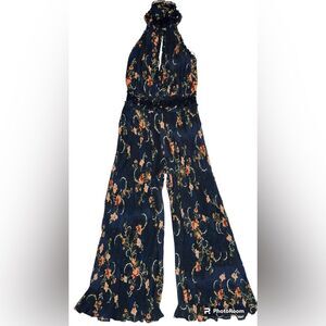 We Are Kindred Adele Jumpsuit Navy pleated chiffon floral print halter neck US 4